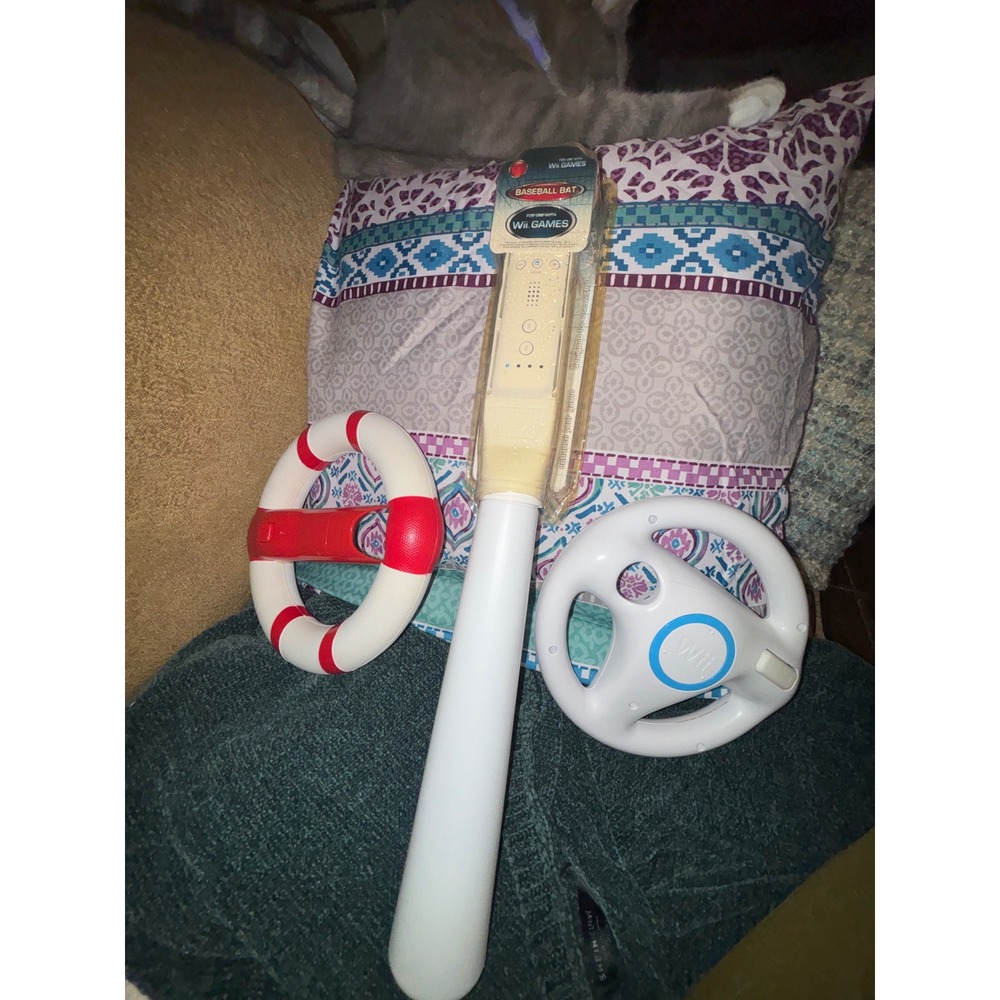 Nintendo Wii Accessory Lot Official Wii Wheel Nerf Wheel Baseball Bat Bundle